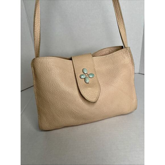 Two Bar West Leather Beige peach Cowhide shoulder bag Purse w/ Turquoise accent - Picture 6 of 13